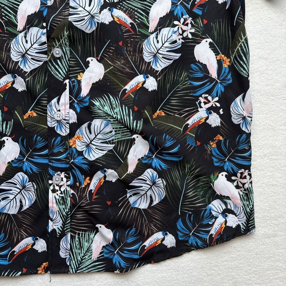 Tunevuse Tropical Bird Print Button Down Shirt Mens Size Medium Black Floral - Picture 6 of 12